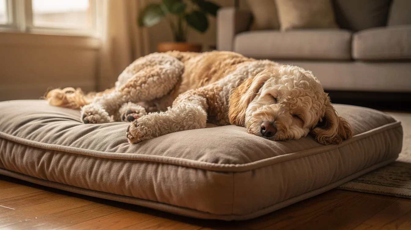An older Goldendoodle, known for its friendly demeanor and low-shedding coat, is resting peacefully on a soft orthopedic dog bed indoors, showcasing the comfort that supports the overall health and quality of life for senior dogs. This scene reflects the importance of proper care and a healthy diet to help goldendoodles live a longer lifespan.