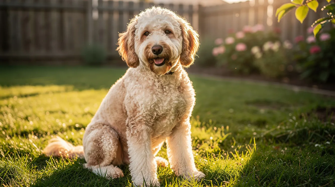 A relaxed labradoodle sits comfortably outside, surrounded by a lush green yard, showcasing its frie