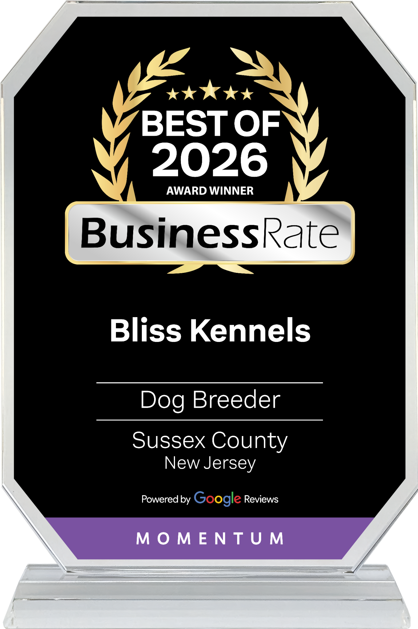 2026 Best of BusinessRate award plaque for Bliss Kennels, with gold laurel on black and purple base