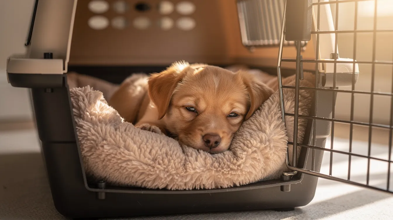 A small puppy, likely a Yorkshire Terrier or Chihuahua, is resting comfortably in a travel crate lined with a soft blanket, embodying the perfect companion for puppy parents. This adorable puppy radiates peace and well-being, making it an ideal choice for anyone looking to add a new best friend to their family.