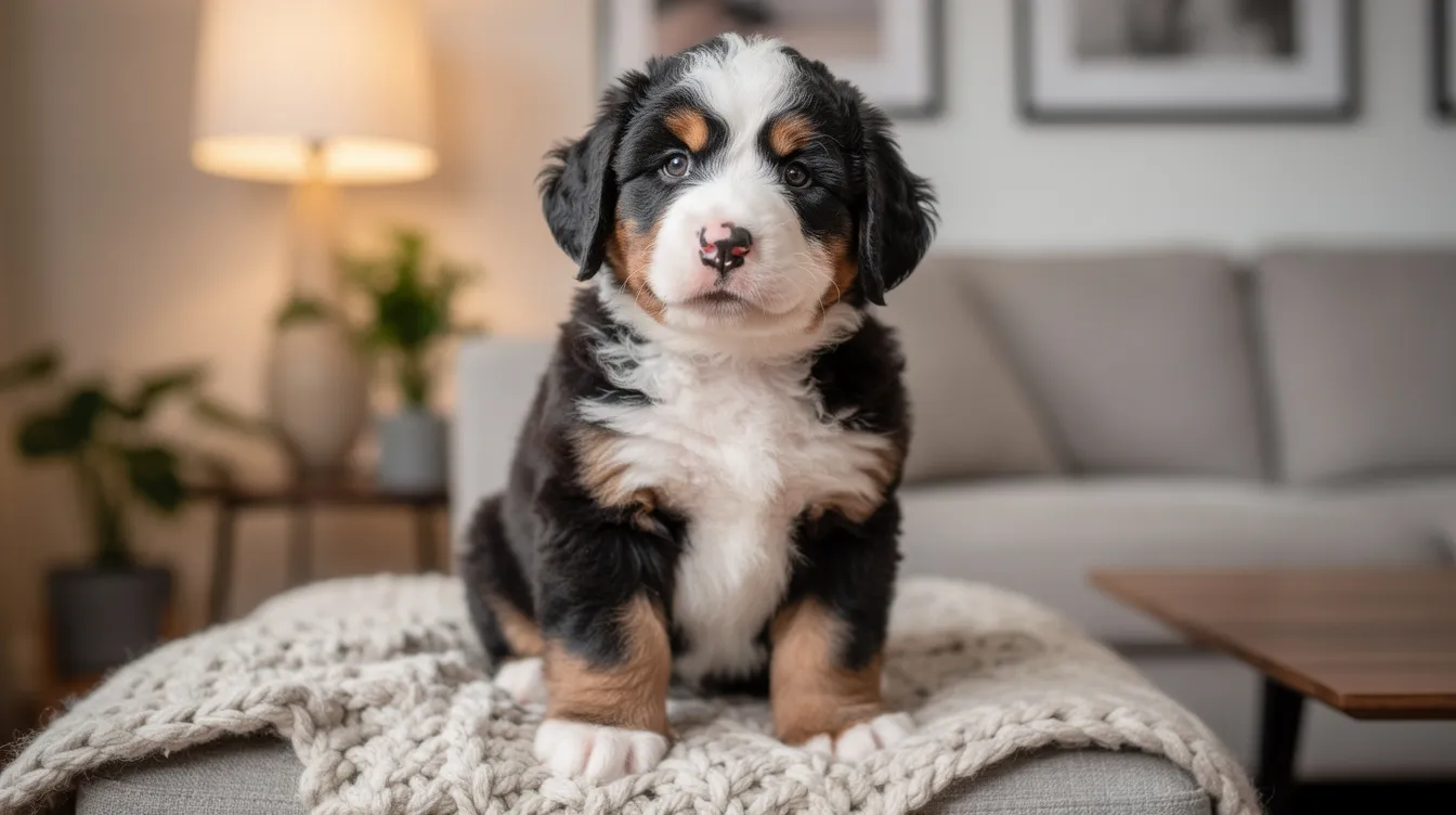 A Bernedoodle puppy with striking black, white, and brown markings sits comfortably in a cozy home setting, embodying the characteristics of a perfect companion. This adorable puppy is ready to bring joy and happiness to a loving family.