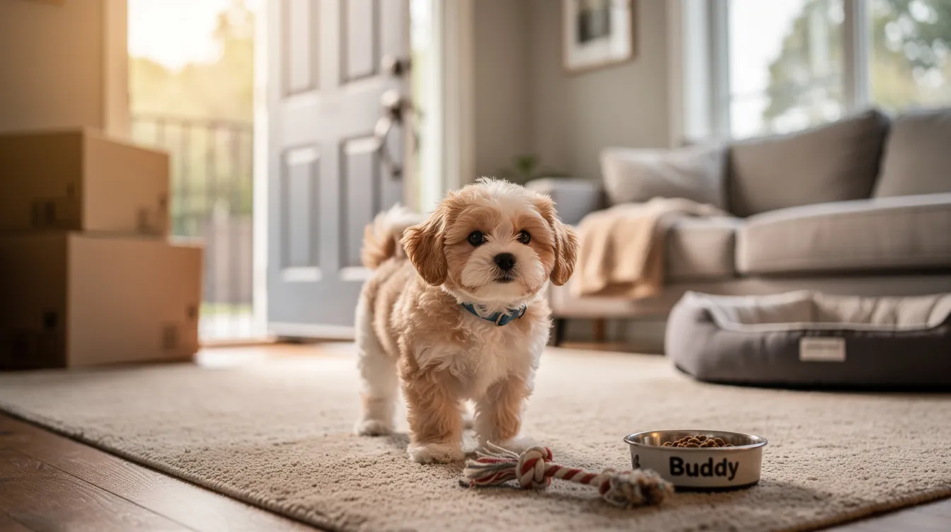 A new cavapoo puppy arrives in his new home, surrounded by family members excitedly welcoming their furry friend. The space is puppy-proofed with baby gates, and preparations for puppy training, including chew toys and high-quality puppy food, are evident as they begin their journey of potty training and socialization.