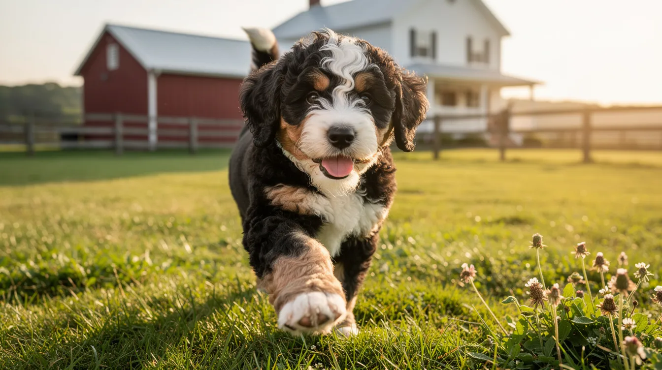 A playful Bernedoodle puppy with a wavy, low-shedding coat is frolicking on lush green grass in a picturesque rural farm setting, showcasing its affectionate nature and energetic personality. This adorable pup embodies the best traits of its parent breeds, the Bernese Mountain Dog and Mini Poodle, making it a wonderful companion for families and individuals alike.