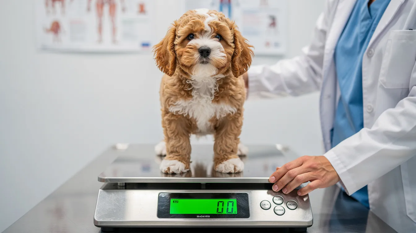 A small curly-haired doodle puppy is being weighed on a scale at a veterinary clinic, showcasing its adorable features and playful personality. This mini goldendoodle, part of the goldendoodle sizes category, is likely to grow into a small goldendoodle with an expected adult weight that fits well for families living in apartments.