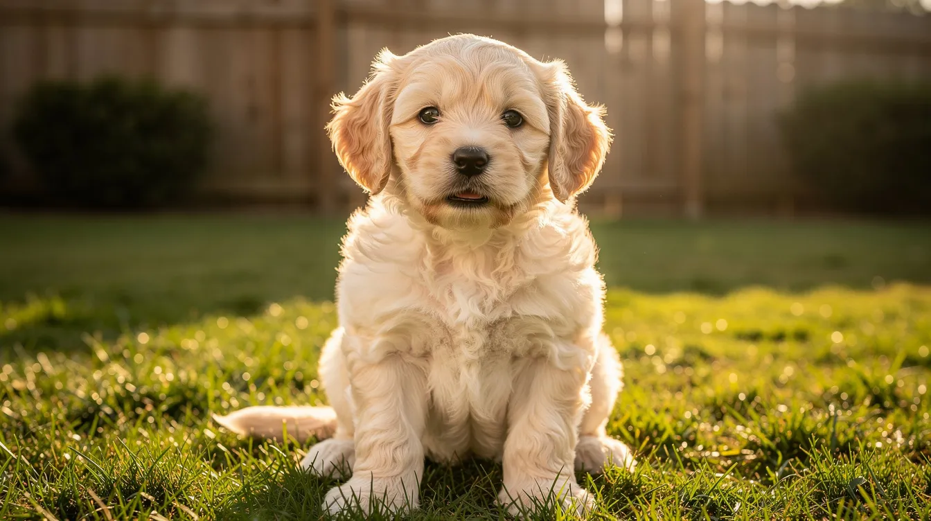 A fluffy cream-colored mini Goldendoodle puppy is sitting on vibrant green grass in a sunny backyard, showcasing its playful and friendly personality. This adorable puppy, typical of mini goldendoodles, is likely to weigh around 20 to 35 pounds when fully grown, making it a great choice for families and apartment living.