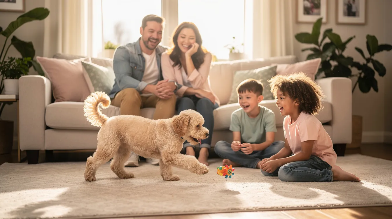 A joyful family plays with their cavapoo in a cozy home environment, showcasing the companionship and love that comes from responsible breeding practices. The furry friend is engaged and happy, reflecting the nurturing atmosphere and commitment to the well-being of their pets.