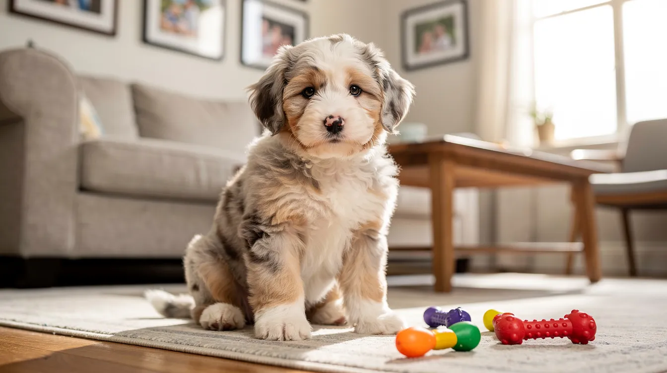 The image features an adorable Aussiedoodle puppy playing in a cozy family home, surrounded by toys