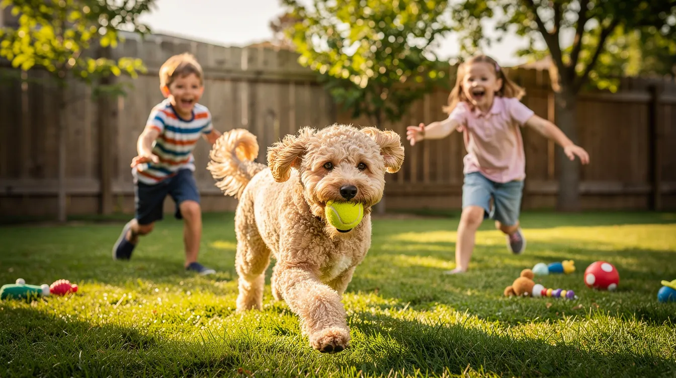 A miniature goldendoodle is joyfully playing fetch with small children in a sunny backyard, showcasing its loving personality and playful spirit. The scene captures the bond between the furry friend and the kids, highlighting the dog as a perfect family pet.