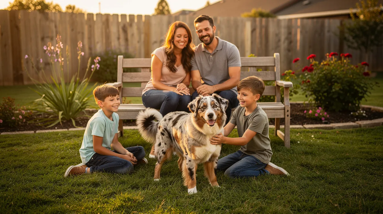 Family sitting in a backyard with two children and a dog on the lawn at sunset