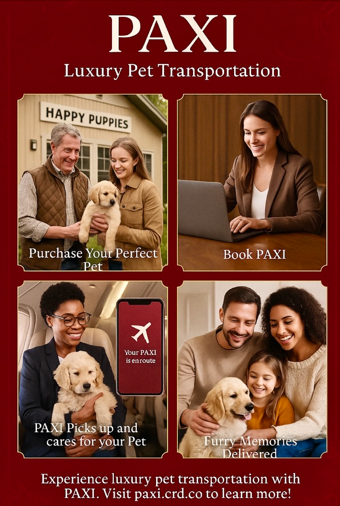 PAXI luxury pet transportation ad with pet owners, dogs, and a cat on a red background, plus service features and a QR code