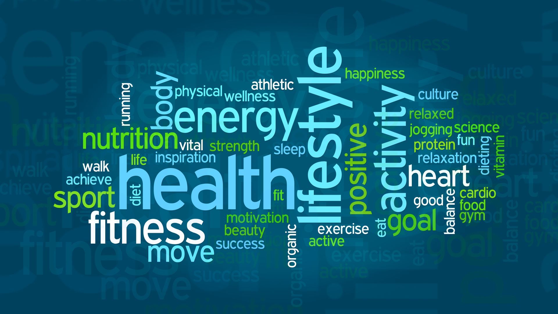 Blue word cloud with “health” and “fitness” in green and white on a dark background