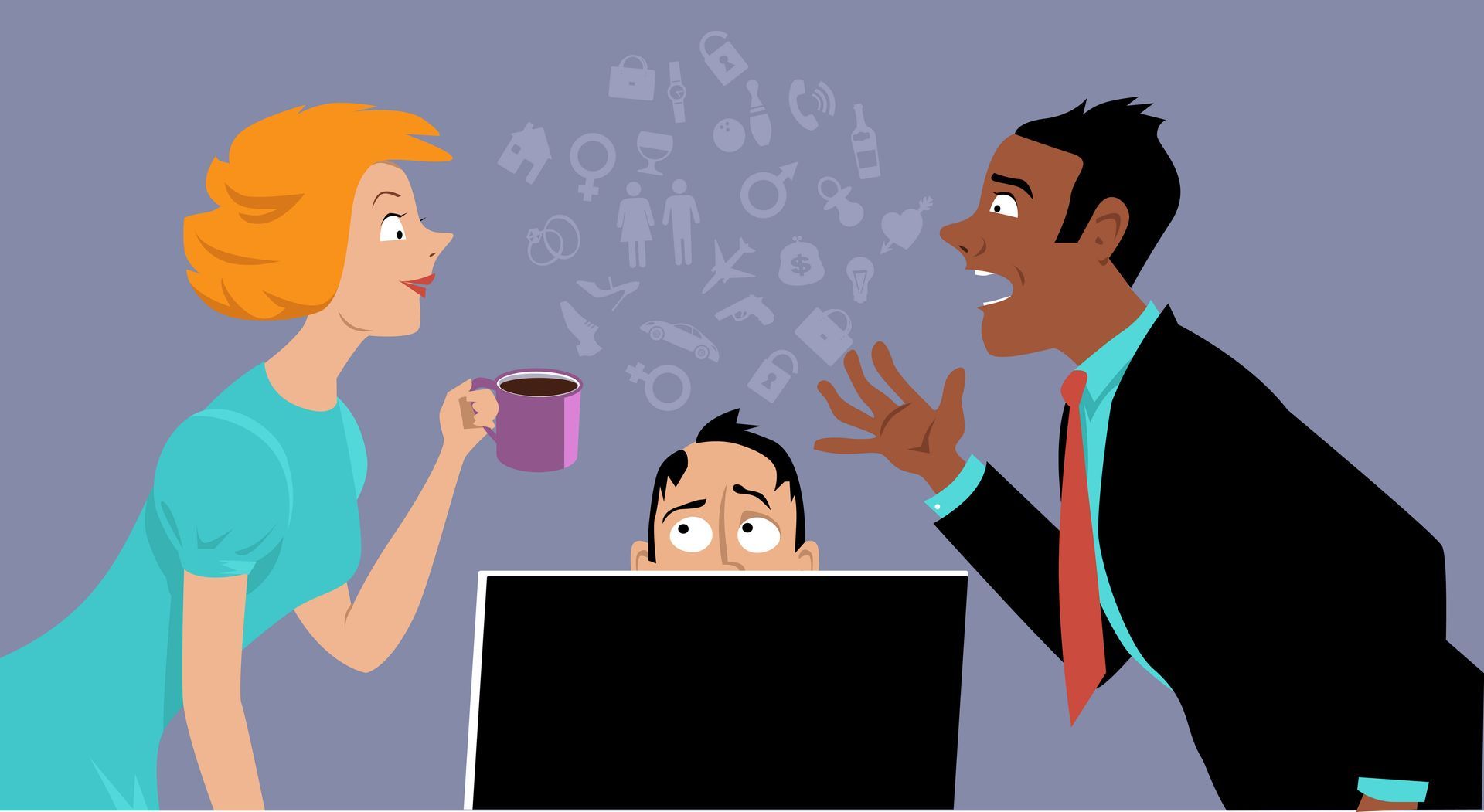 Two coworkers argue over a laptop while a third peeks over the screen, looking worried.