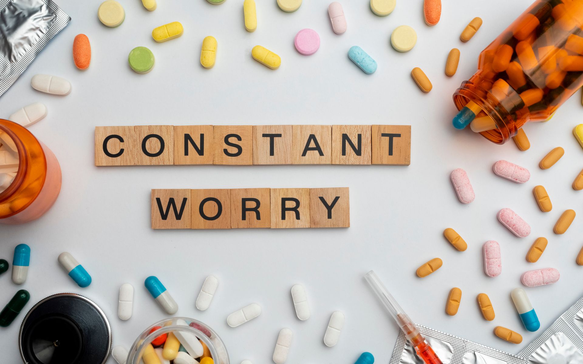 Scrabble tiles spelling “constant worry” on a white surface with scattered pills and capsules