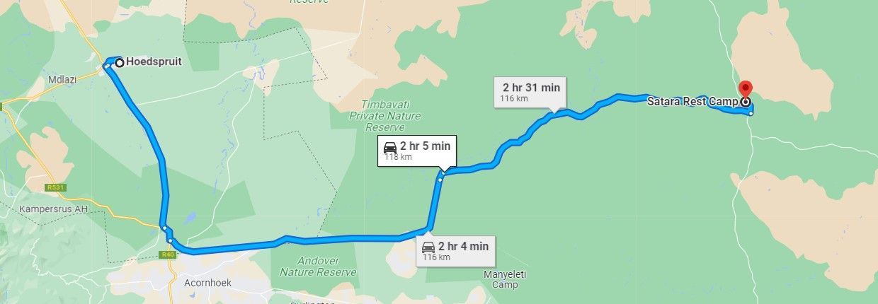 Map from Hoedspruit to Satara Rest Camp