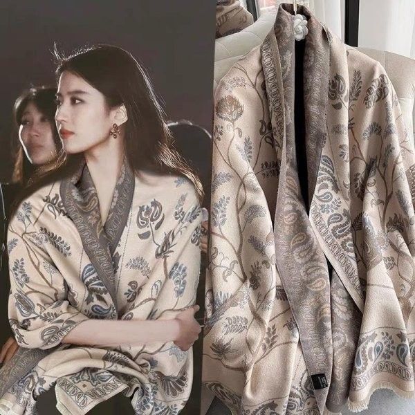 仿羊絨青鳥腰果樹圍巾披肩 青鳥花葉氣質優雅仿羊絨保暖披肩圍巾 仿羊絨圍巾