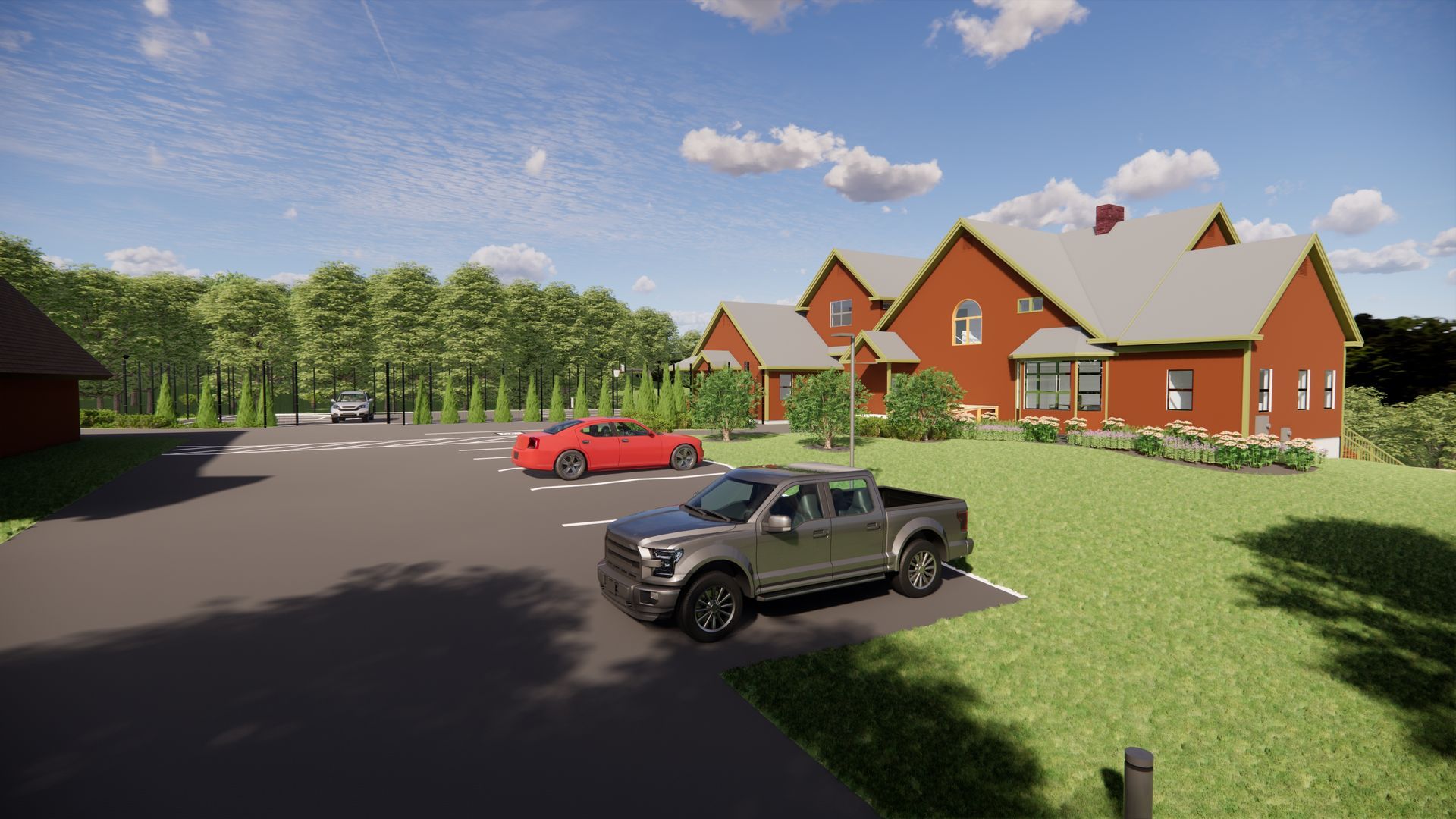 A truck is parked in front of a large red house.