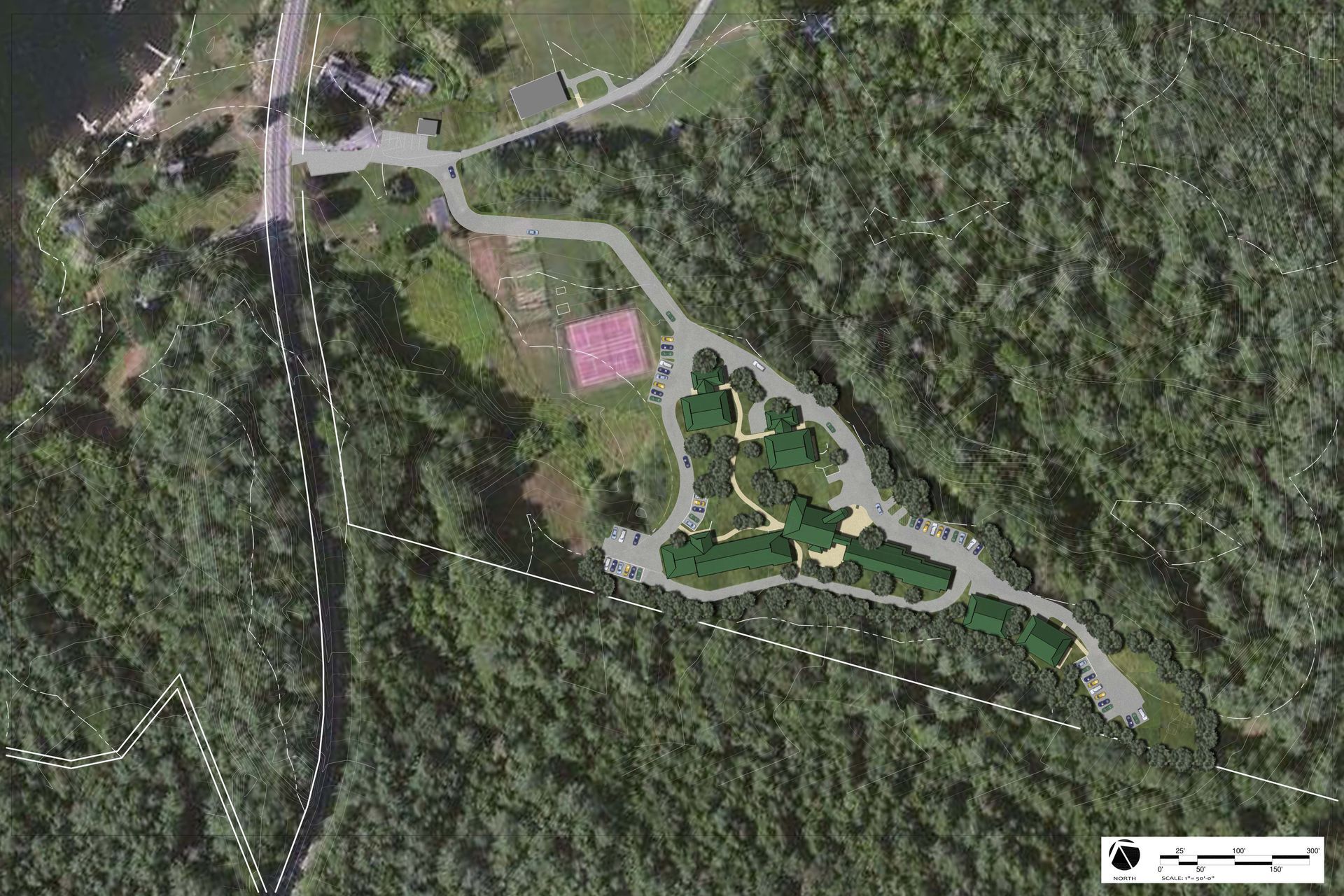 An aerial view of a park surrounded by trees and a road.