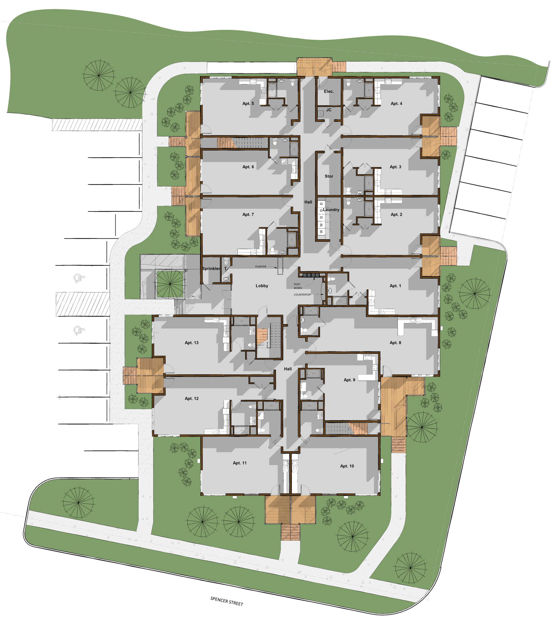A floor plan of a building with a lot of rooms
