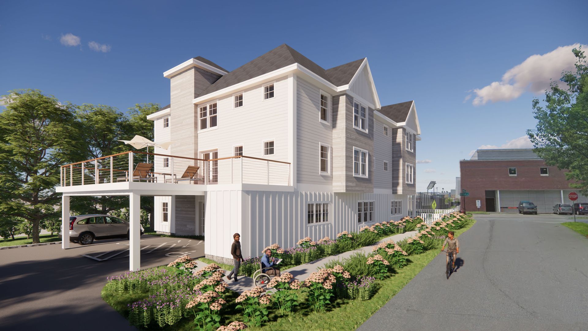 An artist 's impression of a house with a carport and a balcony.