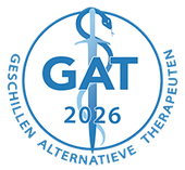 Blue GAT 2026 logo with caduceus and circular text “Geschillen Alternatieve Therapeuten”