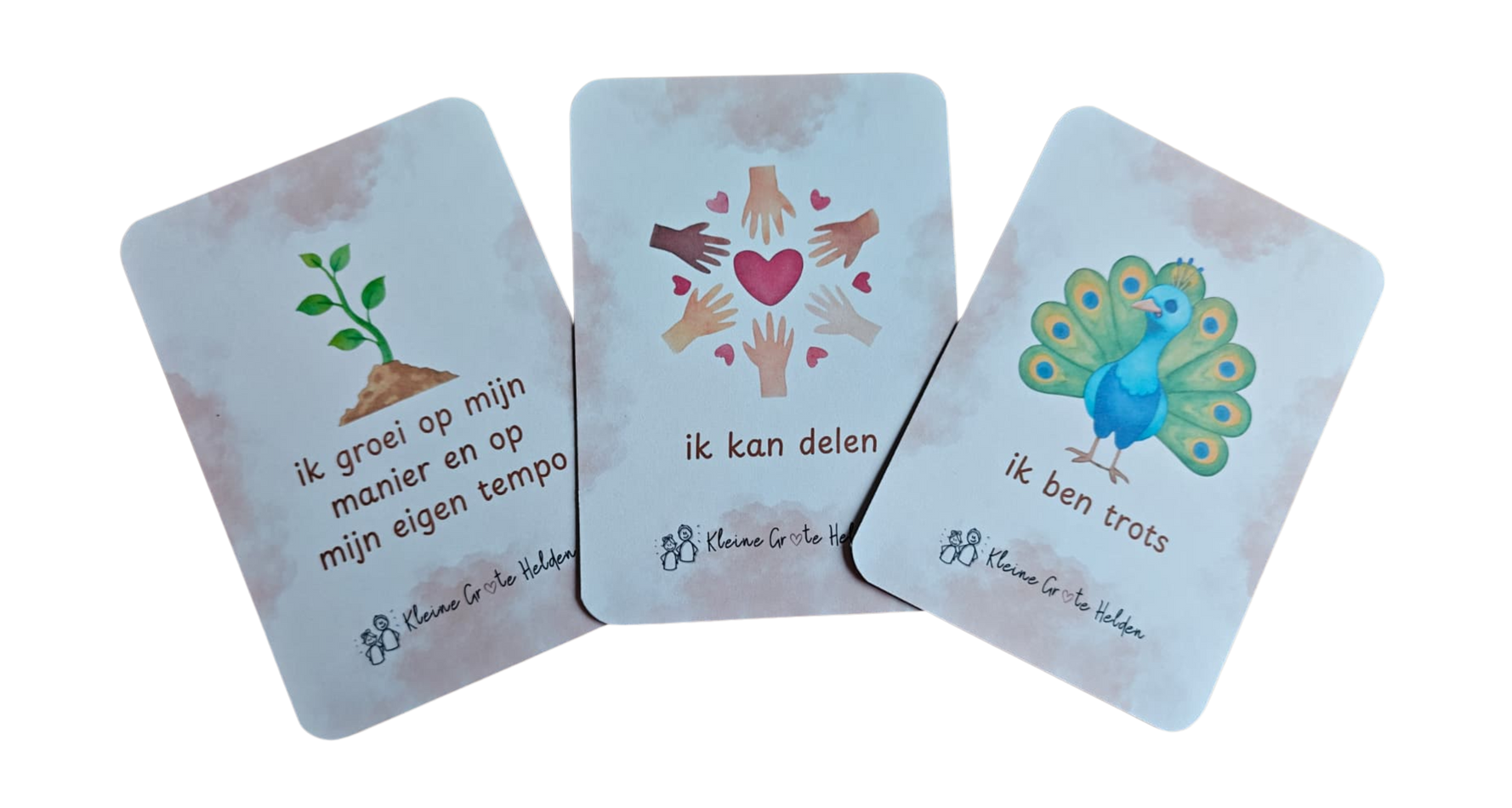Drie pastelkleurige kaarten met handgetekende bloemen en inspirerende citaten op een lichte achtergrond.