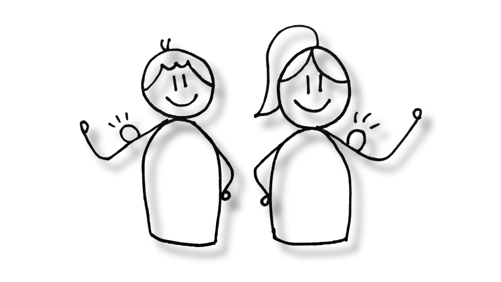 Twee lachende stokfiguurtjes zwaaien, de een met een knotje en de ander met kort haar.