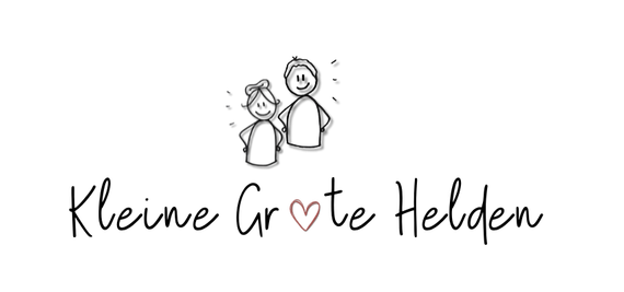 Logo met een lijntekening van twee figuren boven de tekst "Kleine Groote Helden" en een rood hart.