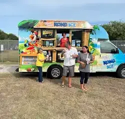 a group of people are standing in front of a food truck .