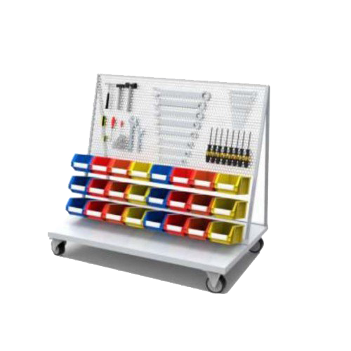 Tablero metálico para herramientas con tornilleros plásticos.