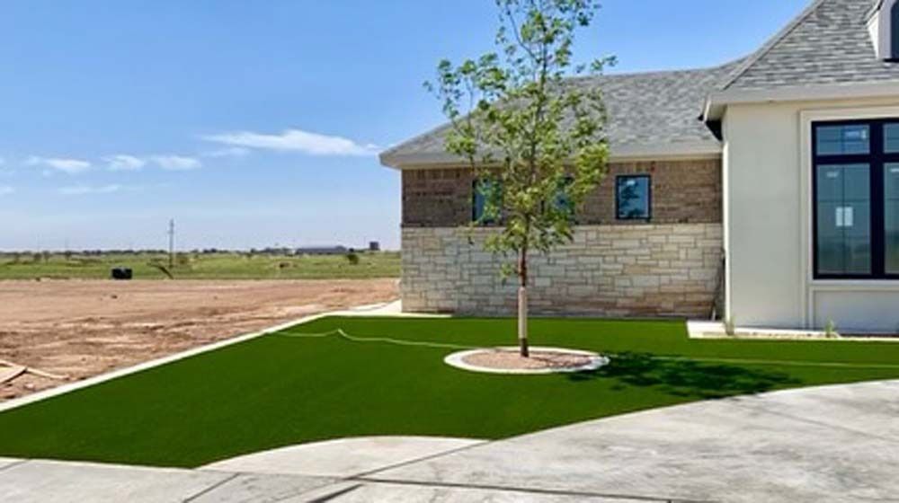 New house exterior with stone siding, green lawn, young tree, and concrete driveway under blue sky