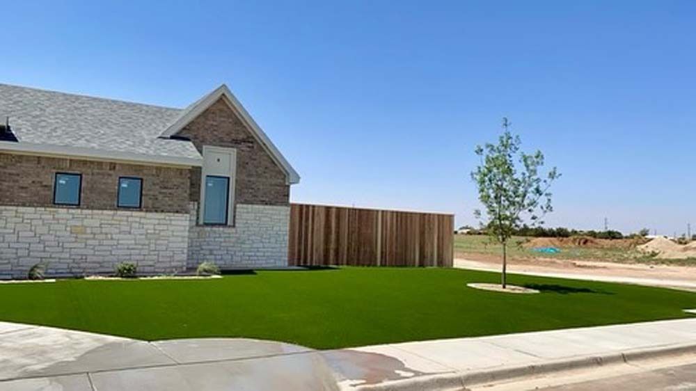 Suburban house with stone exterior, green lawn, and young tree beside a paved street under a clear blue sky