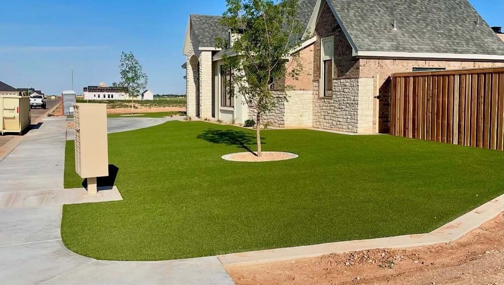 New suburban home with a neatly landscaped lawn, young tree, and curbside mailbox along a concrete driveway.