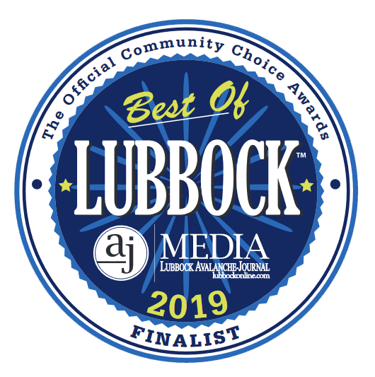 Best of Lubbock 2019 finalist award seal in blue and white, featuring AJ Media and Official Community Choice Awards