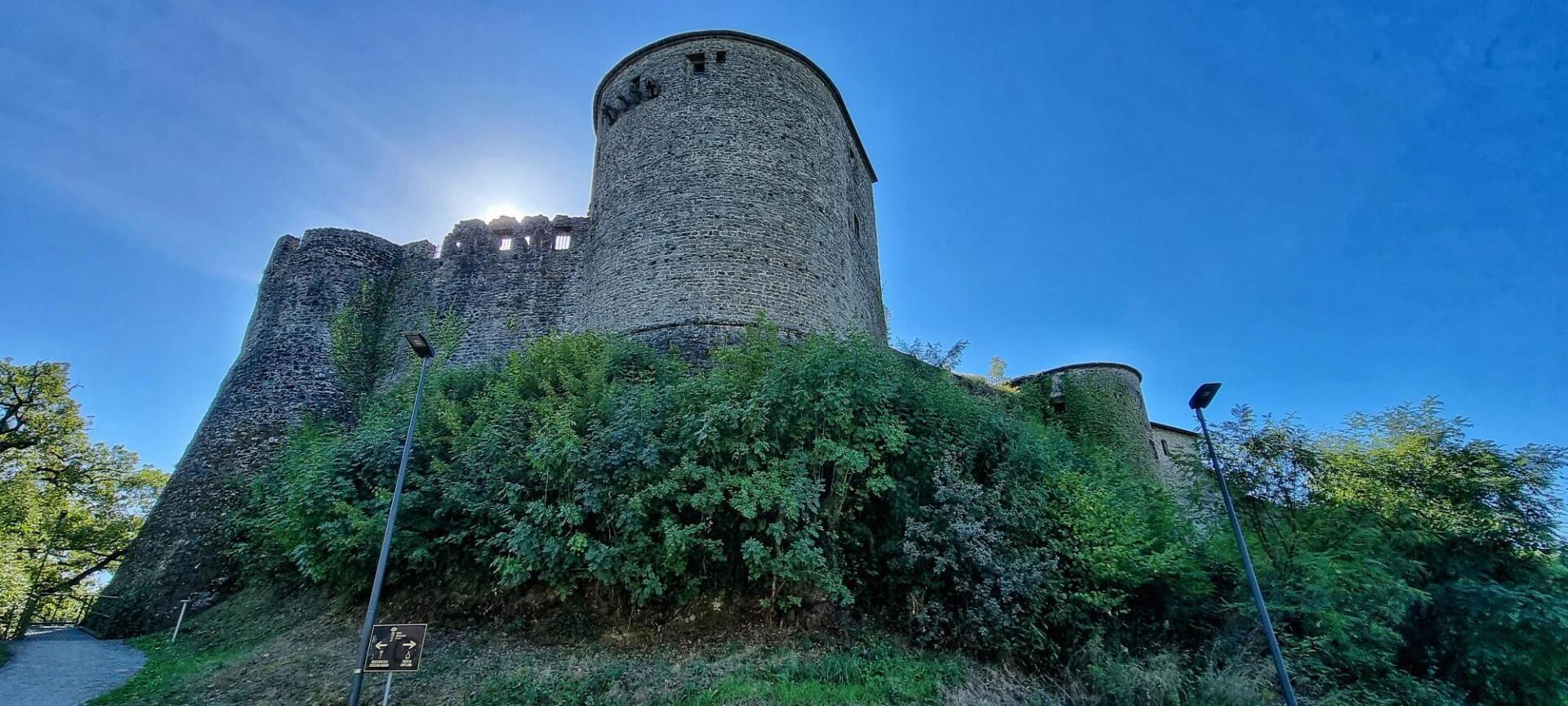 Een stenen kasteel met een hoge, cilindrische toren staat bovenop een heuvel.
