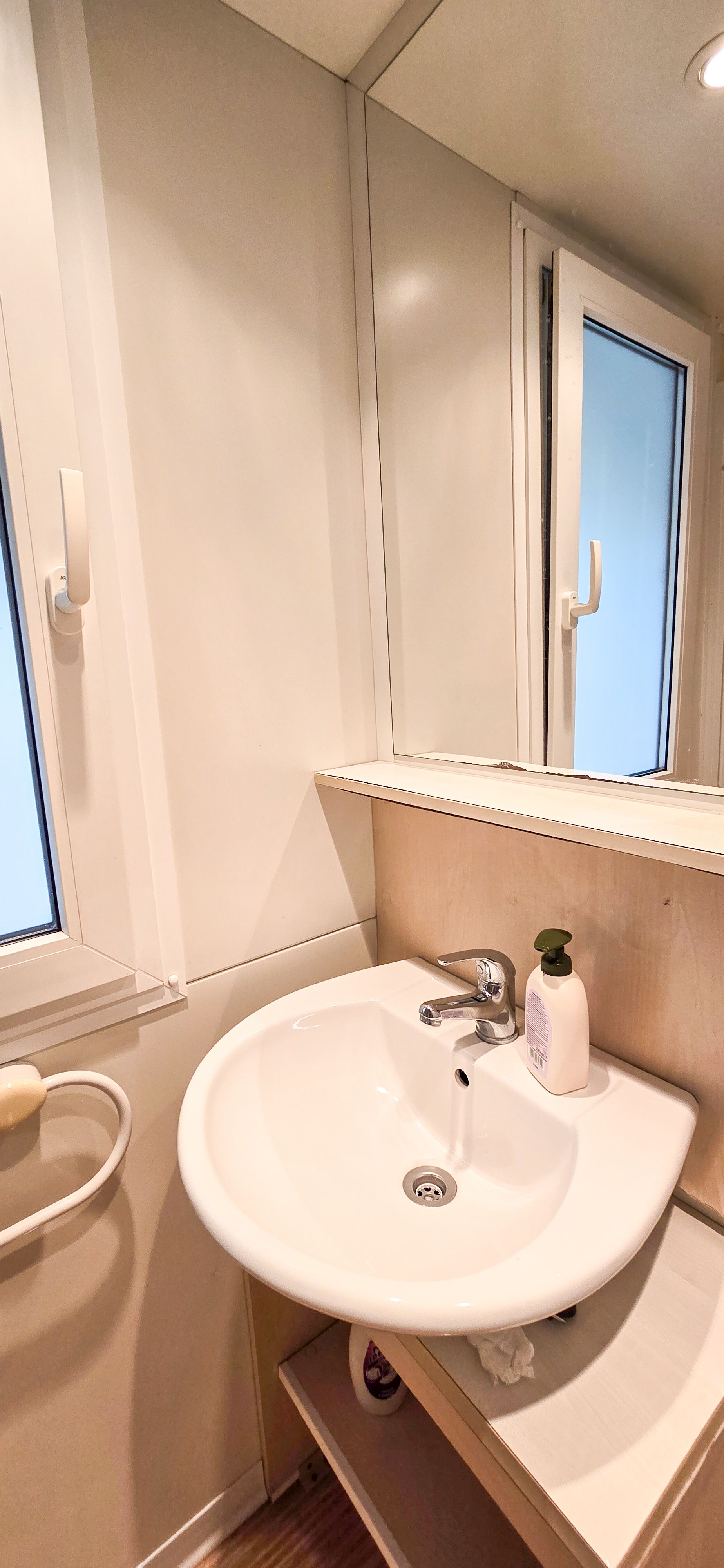 Badkamer met douche en wastafel, een raam, spiegel en zeepdispenser.