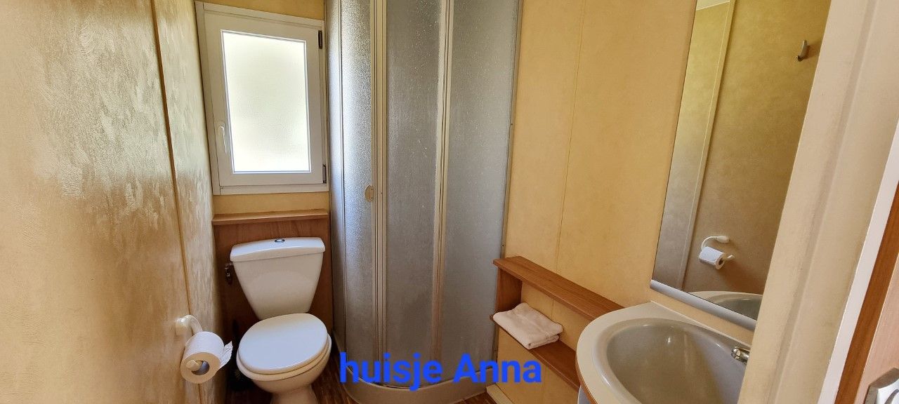 Badkamer met toilet, douche en wastafel; beige muren en natuurlijk licht.