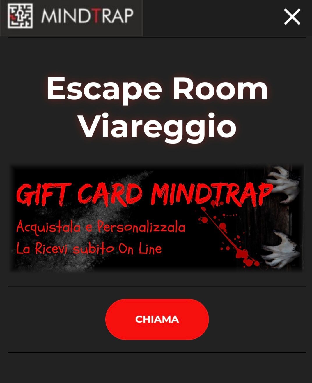 Reclame voor de escape room Mindtrap in Viareggio, met een cadeaubon en een