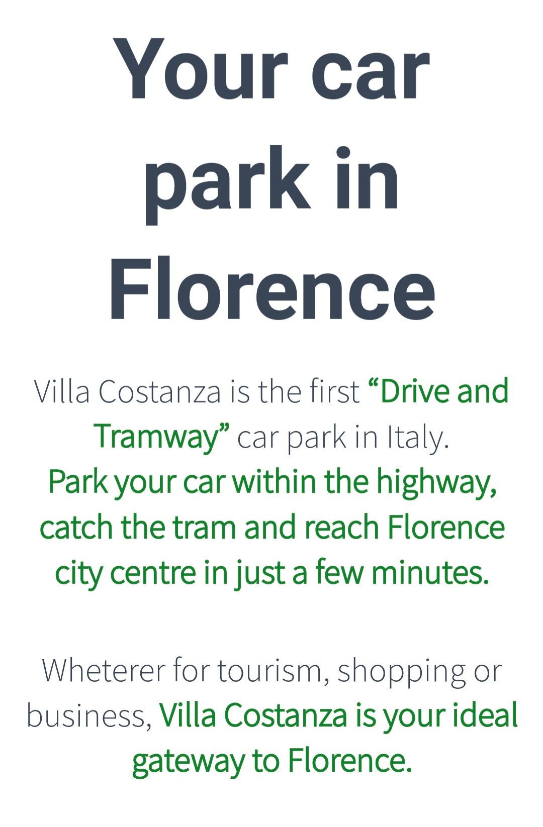 Tekst ter promotie van een parkeergarage in Florence, Italië; biedt de service