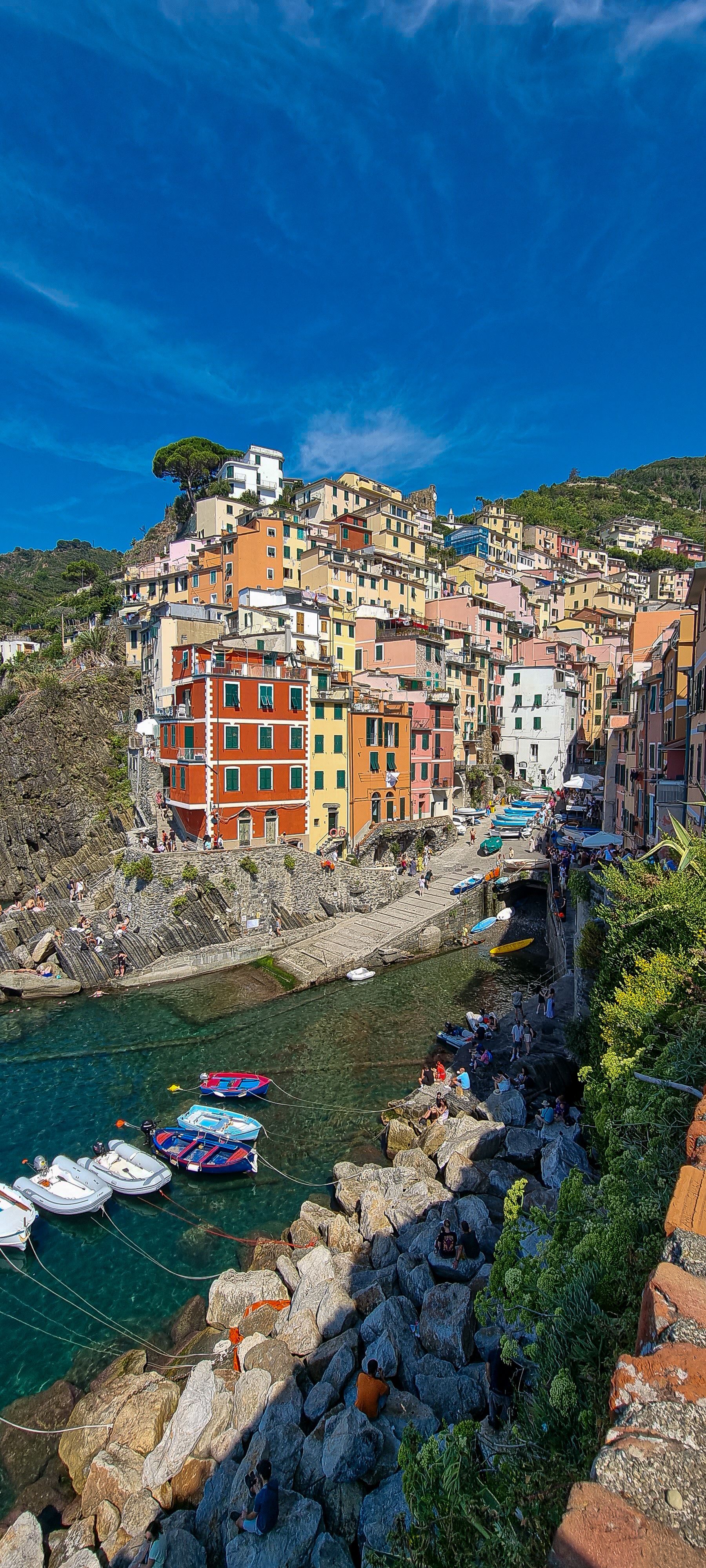 Kleurrijke gebouwen lopen trapsgewijs een heuvel af naar een haven vol boten. Blauwe lucht erboven. Cinque terre