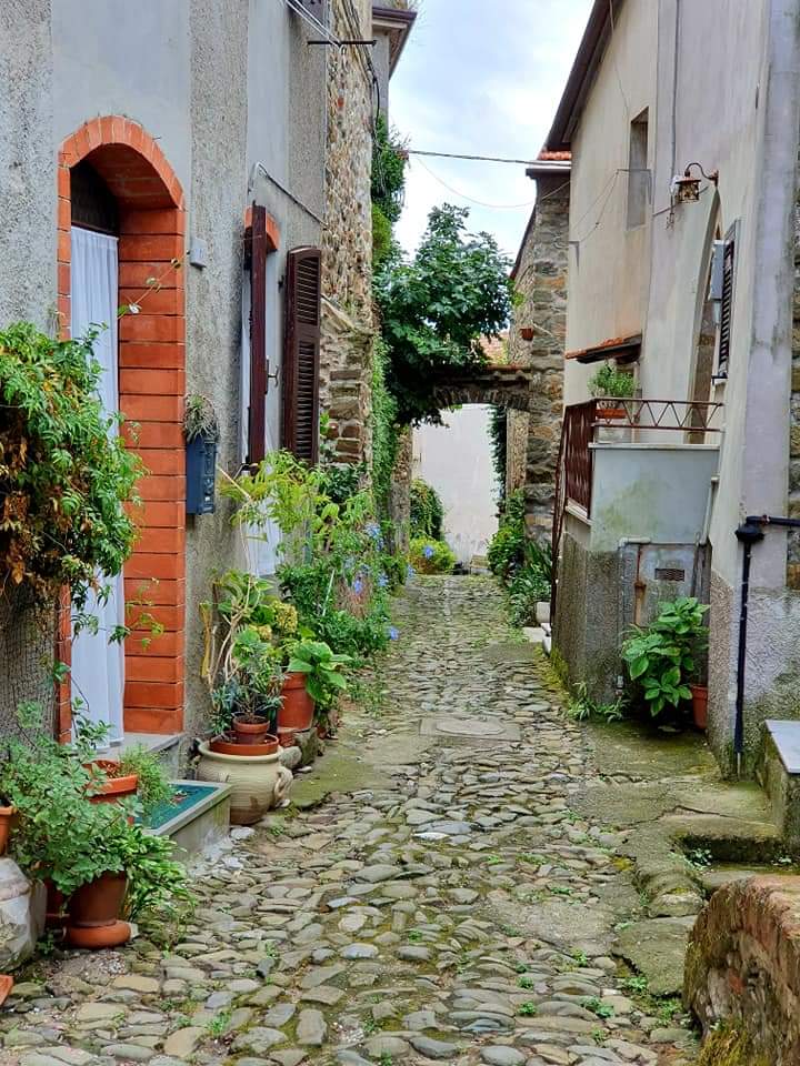 Een straat met kinderkopjes in een Europees dorp, omzoomd door stenen gebouwen, potplanten en een poort. Nicola