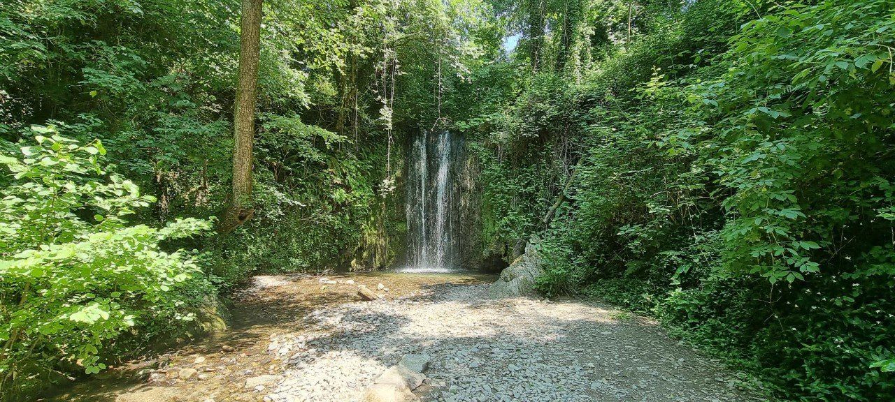 Een waterval die neerstort in een rotsachtige beek, omgeven door weelderig groen.
