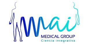 Logotipo para Mai Medical Group, que presenta un degradado azul y verde azulado de las letras "Mai" con dos figuras humanas flanqueando cada lado.