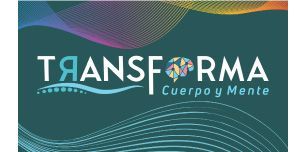 Logotipo de "Transforma Cuerpo y Mente". Incluye texto con un icono cerebral, fondo verde azulado y líneas abstractas.