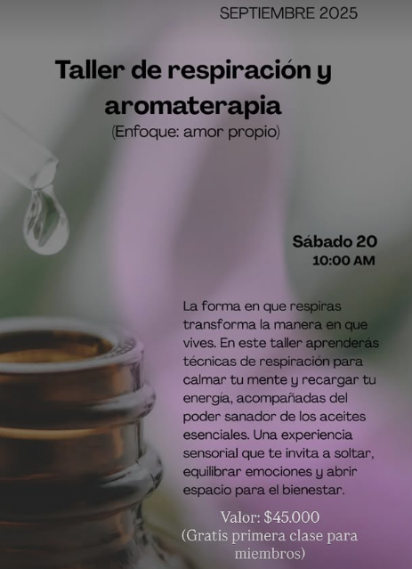 Folleto del taller: Respiración y aromaterapia, septiembre de 2025. Enfoque: amor propio. Incluye aceites esenciales y técnicas de respiración.