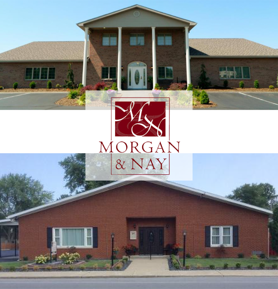 Morgan & Nay law office buildings, showing brick exteriors and a central logo between two front views