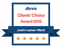 Avvo Clients' Choice Award 2015 for Justin Lamarr Ward. Dark blue and orange award badge with five stars.