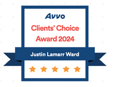 Avvo Clients' Choice Award 2024 badge for Justin Lamarr Ward. Dark blue, with five stars.