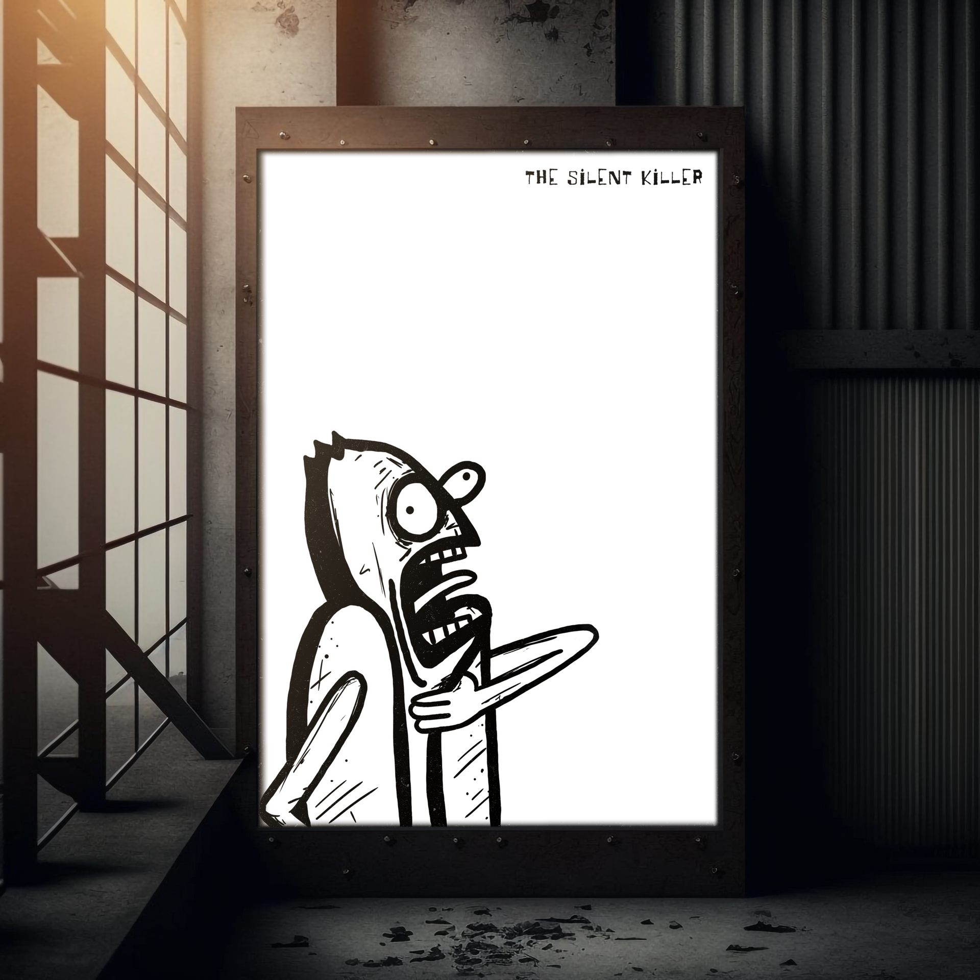 Cartoon of a man screaming, framed in a dark setting, 
