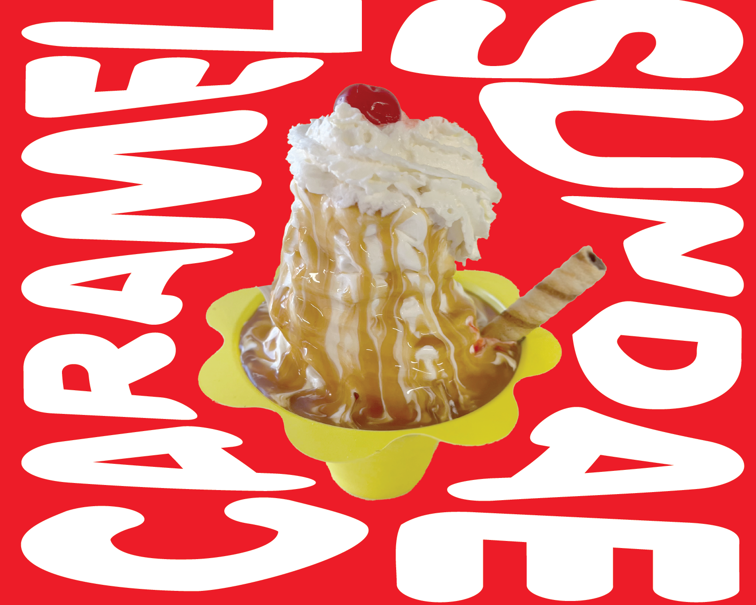 Caramel sundae in a yellow dish on a red background with white text that reads 