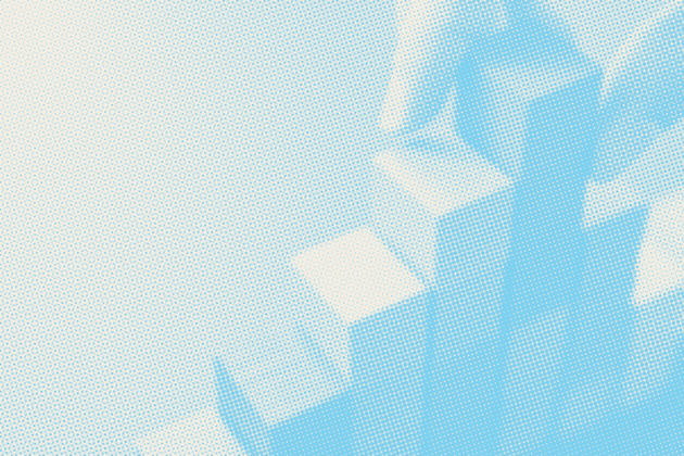 Blue-toned abstract shapes with a dot-pattern texture against a white gradient.